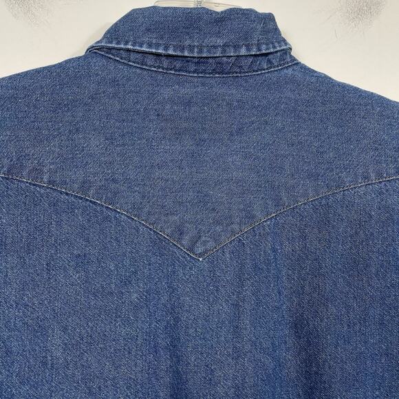 Vtg Wrangler 80s Pearl Snap Western Denim Shirt Men 17.5 X 34 X-Long Tails USA - Picture 12 of 13